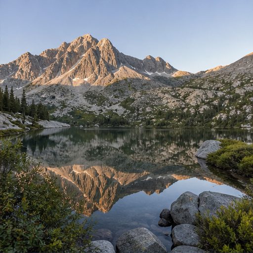 An alpine peak reflected in a clear mountain lake