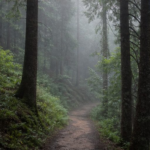 A narrow path through a misty green forest