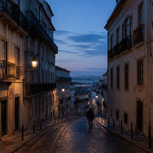 A lone pedestrian on a blue-hour street in Lisbon