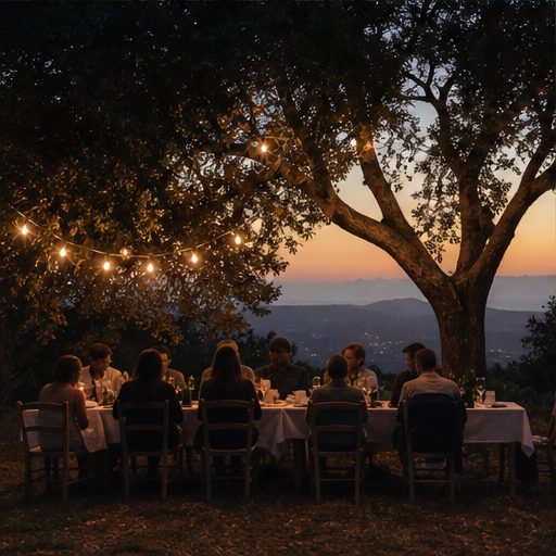 Friends gathered for dinner under a tree at sunset